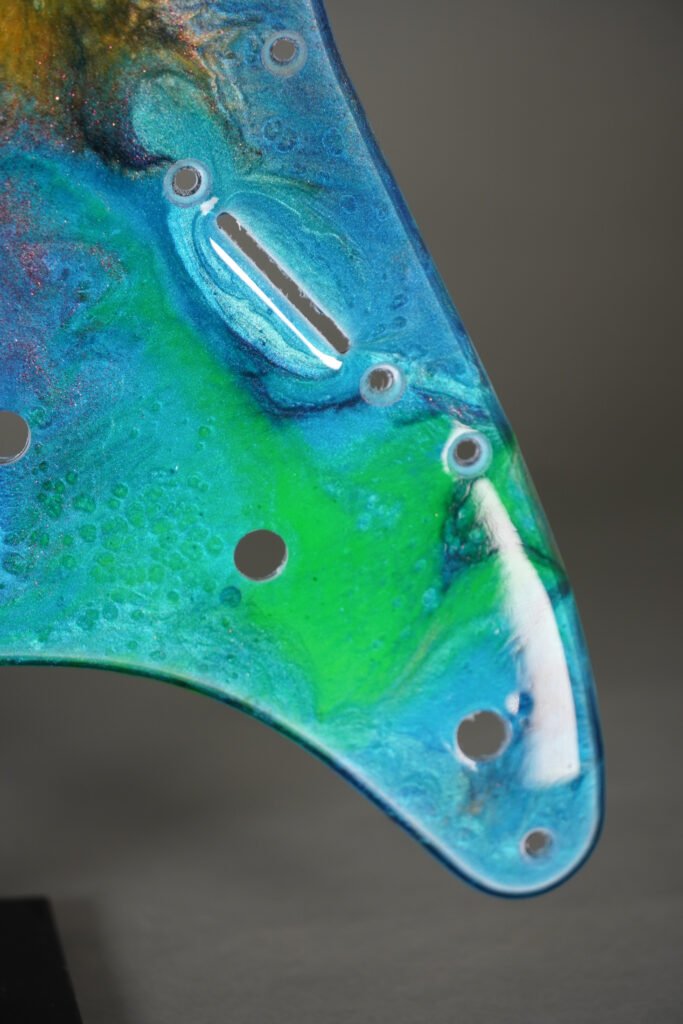 ocean blue resin stratocaster pickguard: neon swirl guitar art