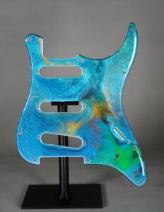 ocean blue resin stratocaster pickguard: neon swirl guitar art