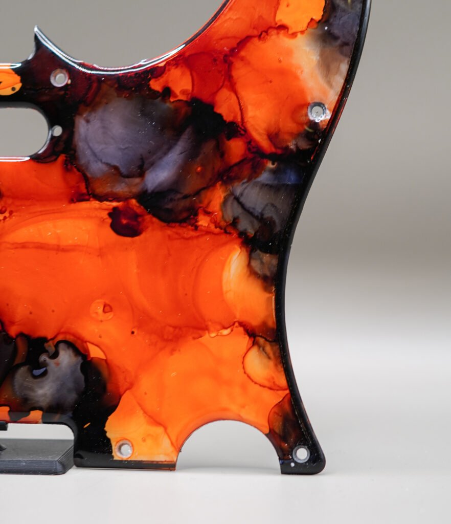 scorch tide – orange & black telecaster pickguard | alcohol ink guitar art | custom
