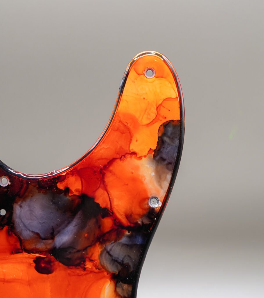 scorch tide – orange & black telecaster pickguard | alcohol ink guitar art | custom