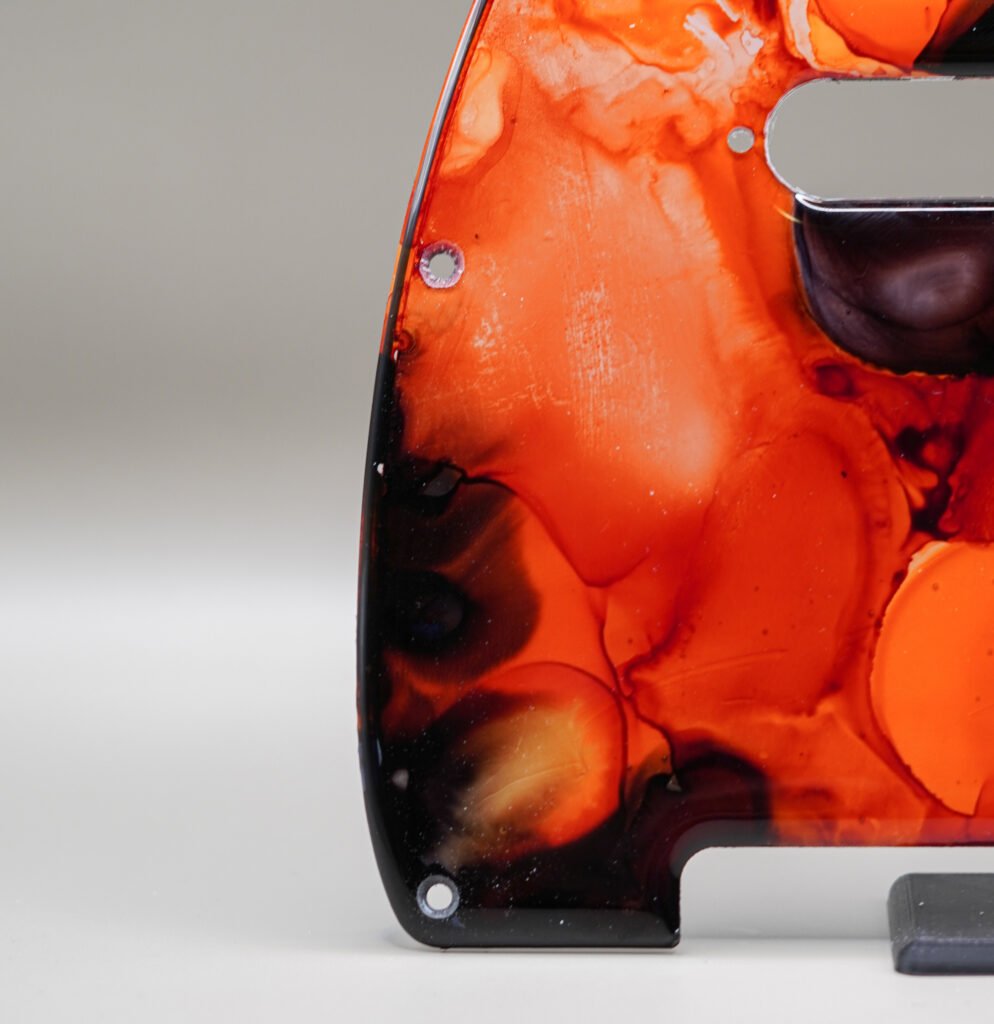 scorch tide – orange & black telecaster pickguard | alcohol ink guitar art | custom