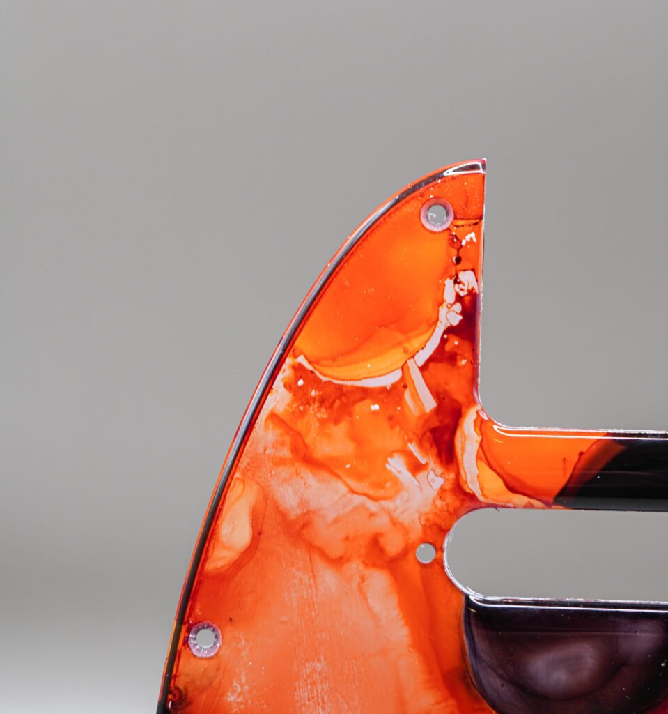 scorch tide – orange & black telecaster pickguard | alcohol ink guitar art | custom