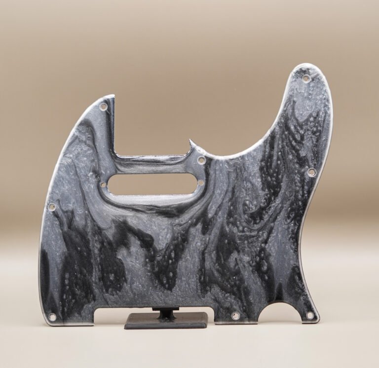 Home handcrafted resin telecaster pickguard: silver & black marble design