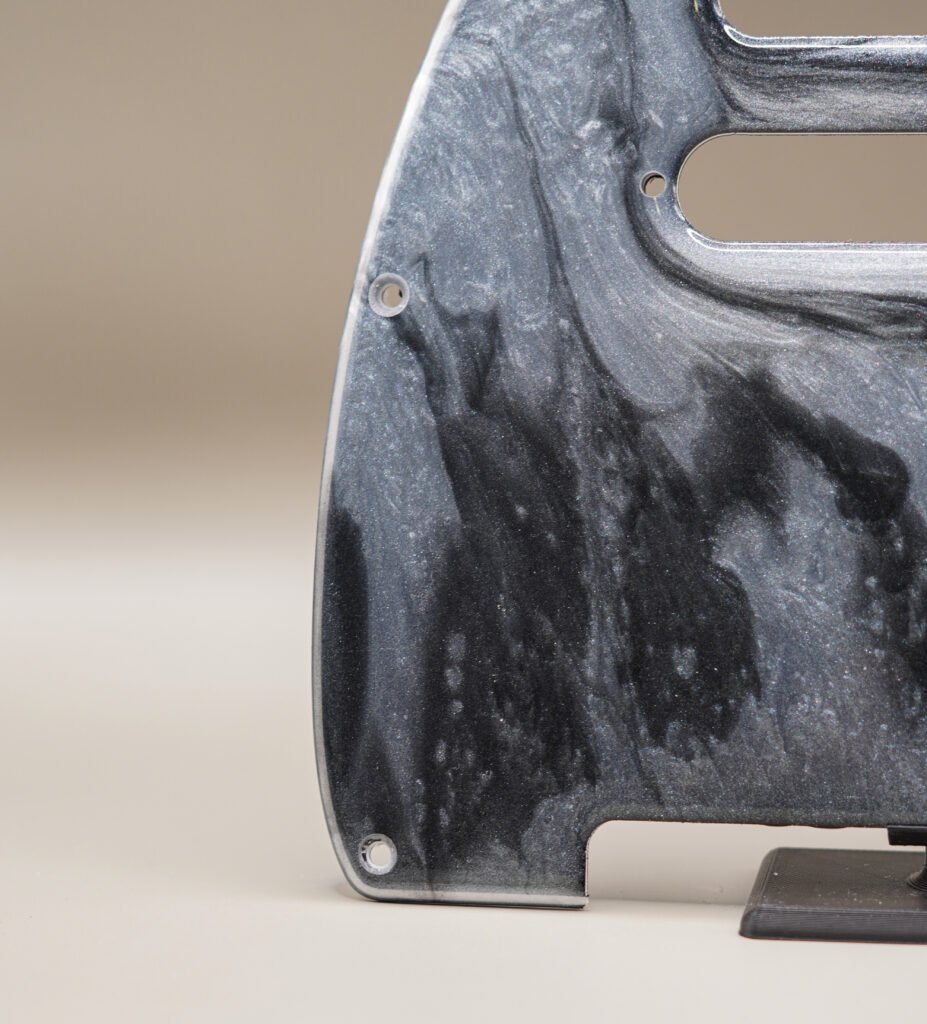 handcrafted resin telecaster pickguard: silver & black marble design